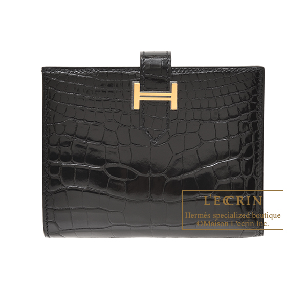 Hermes Bearn compact wallet Black Alligator crocodile skin Gold