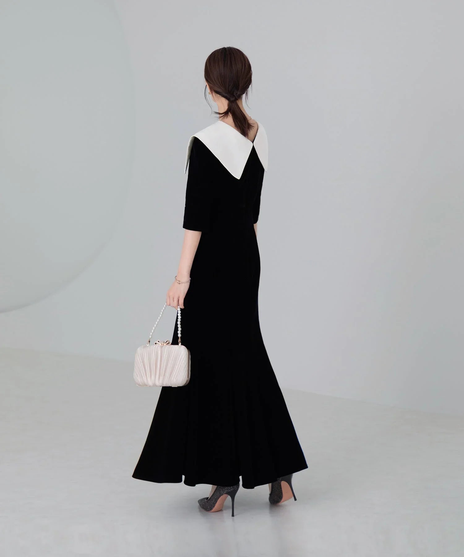 当日発送】アシンメトリービッグカラーベロアマーメイドドレス