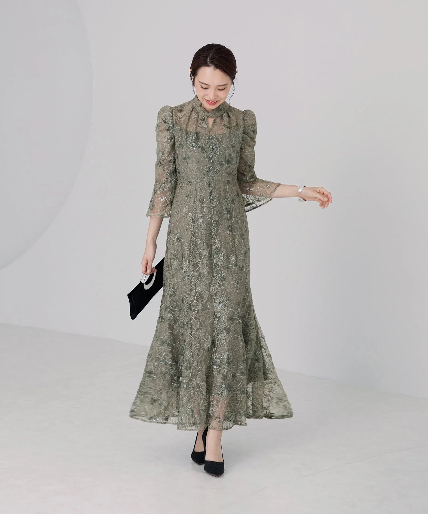 当日発送】スパンコール花柄パフスリーブマーメイドドレスパーティー