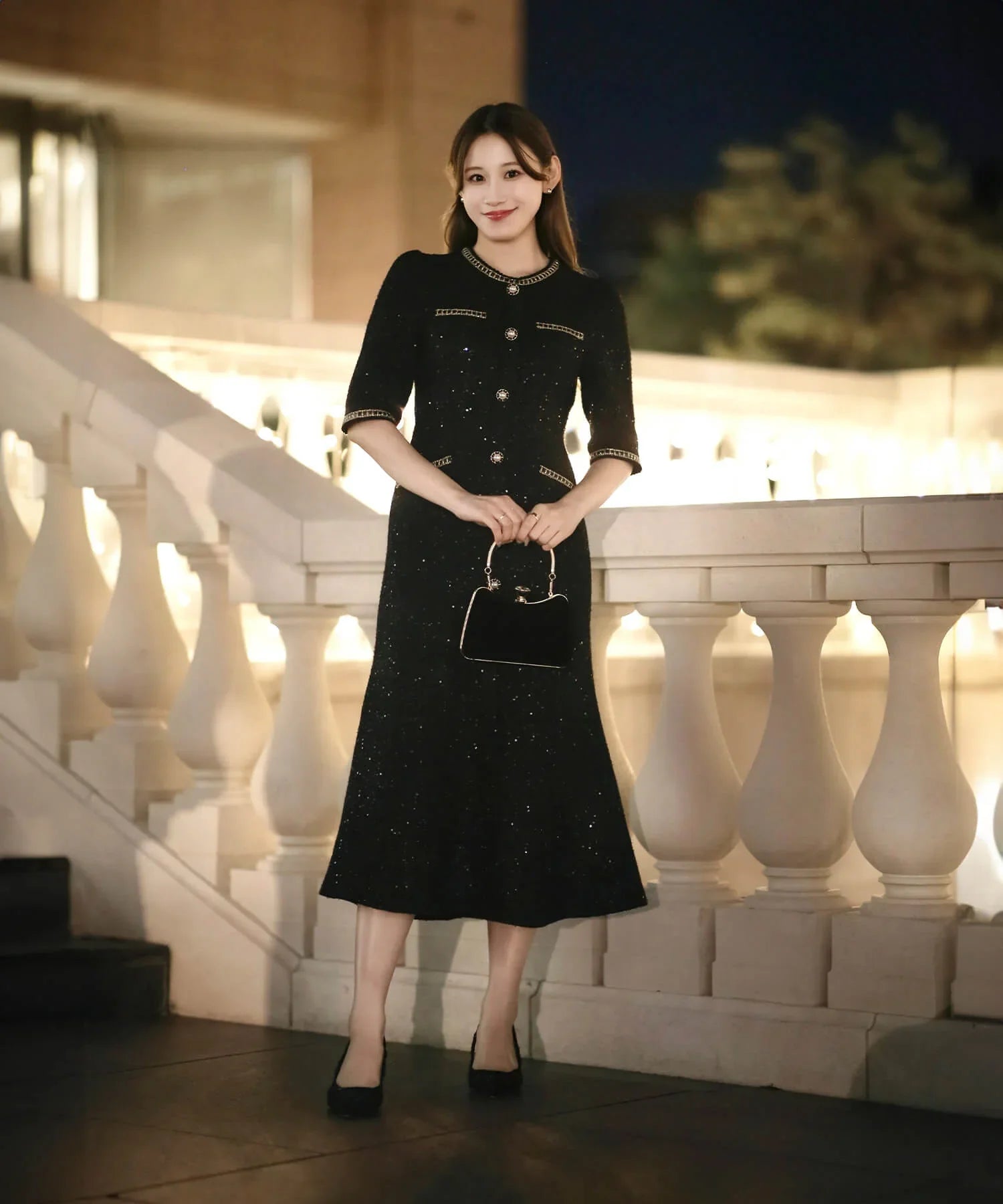 当日発送】ラメツイードレザーパイピングパールマーメイドワンピース