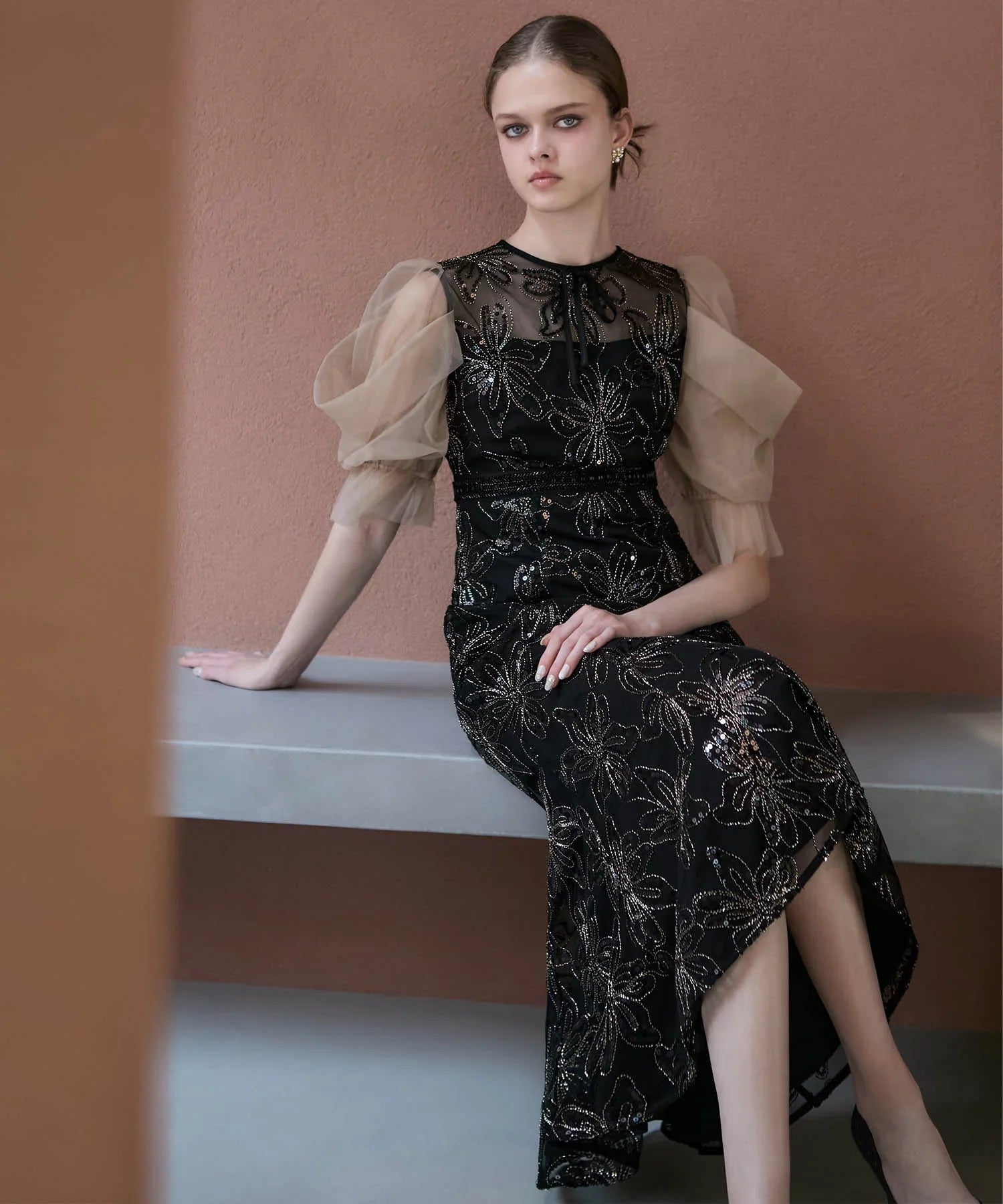 当日発送】スパンコールフラワーリボンチュールワンピース結婚式ドレス