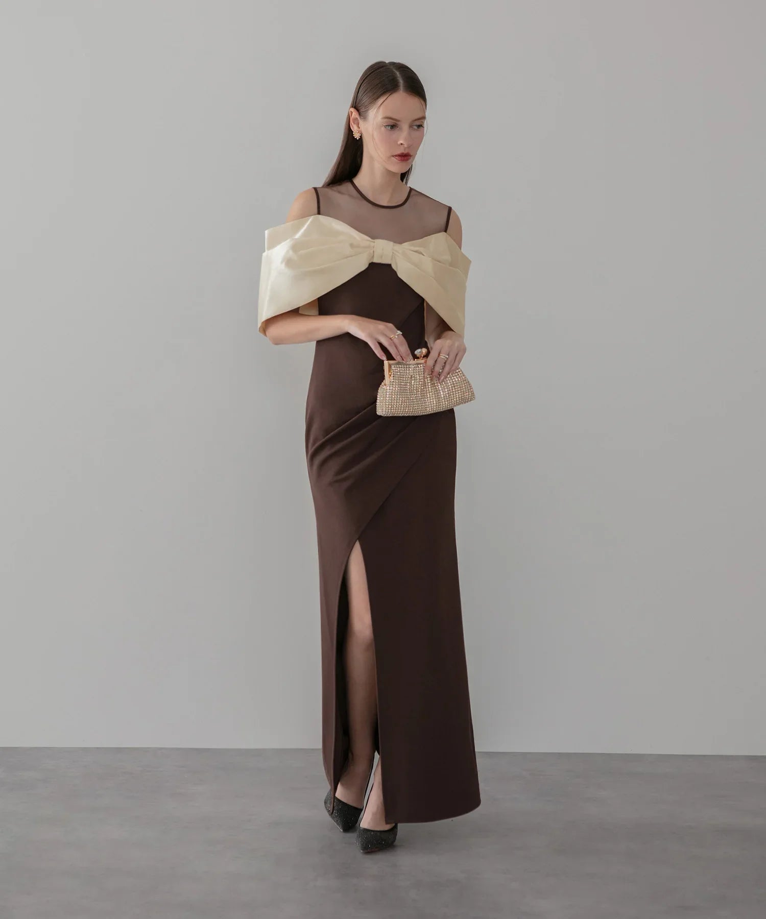 LEJA LUXE】ビッグリボンシアーショルダードレープロングドレス