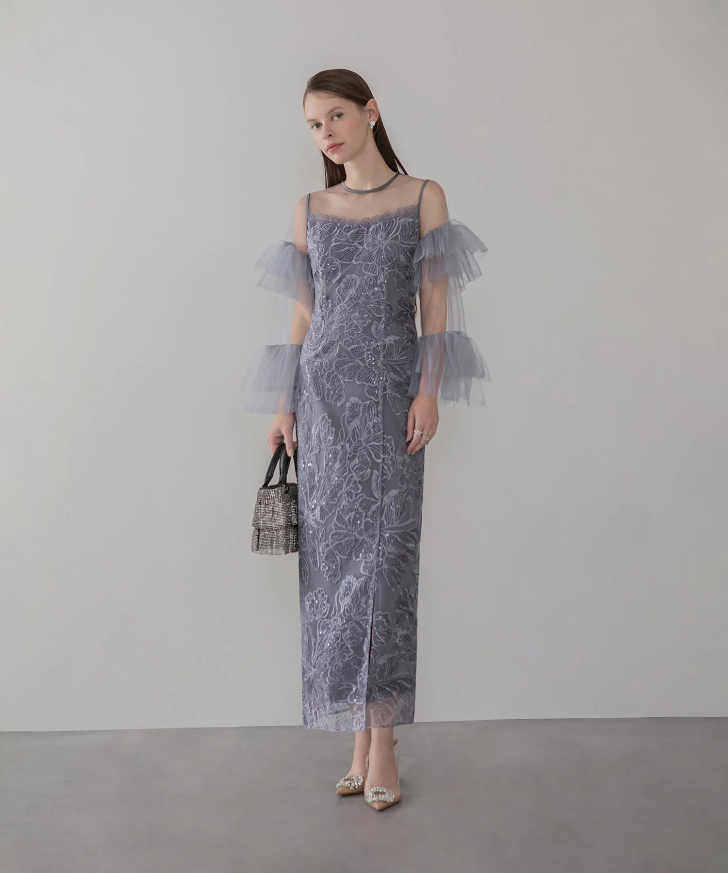 当日発送】フリルチュールスリーブレースIラインワンピースドレス