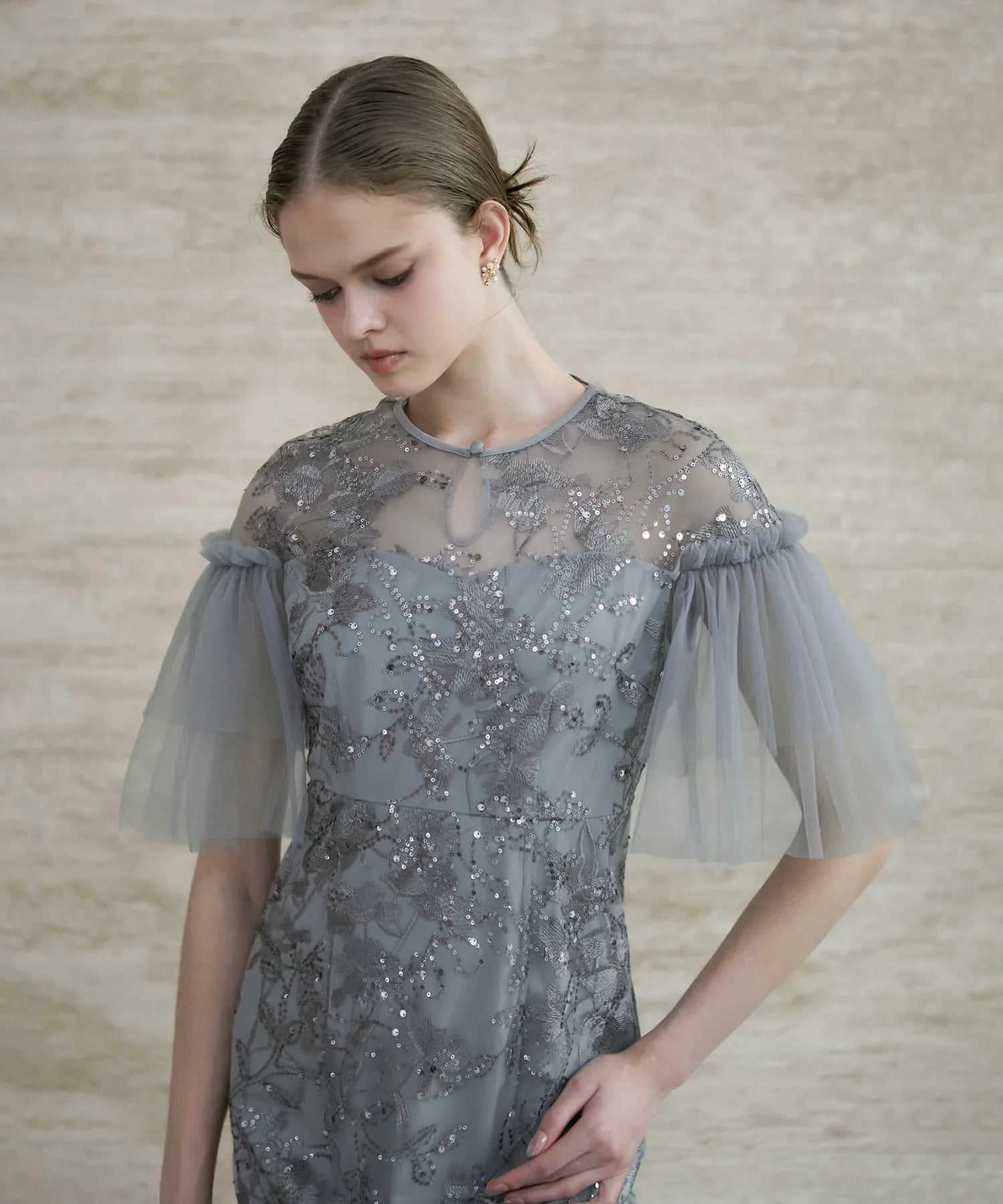 当日発送】フラワースパンコールチュールスリーブIライン結婚式ドレス