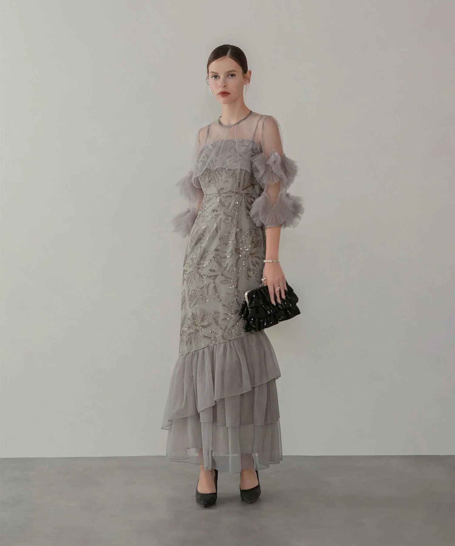 一部当日発送】フラワースパンコールチュールフリルスリーブIライン