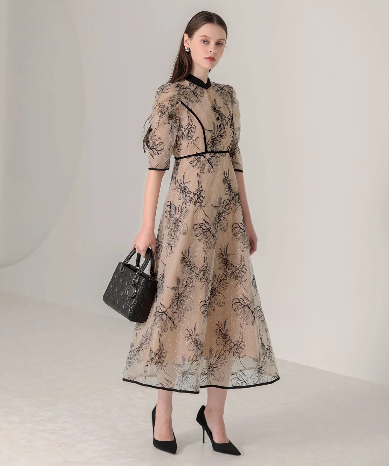 当日発送】パイピングハイネック花柄ラメレースドレス/パーティー