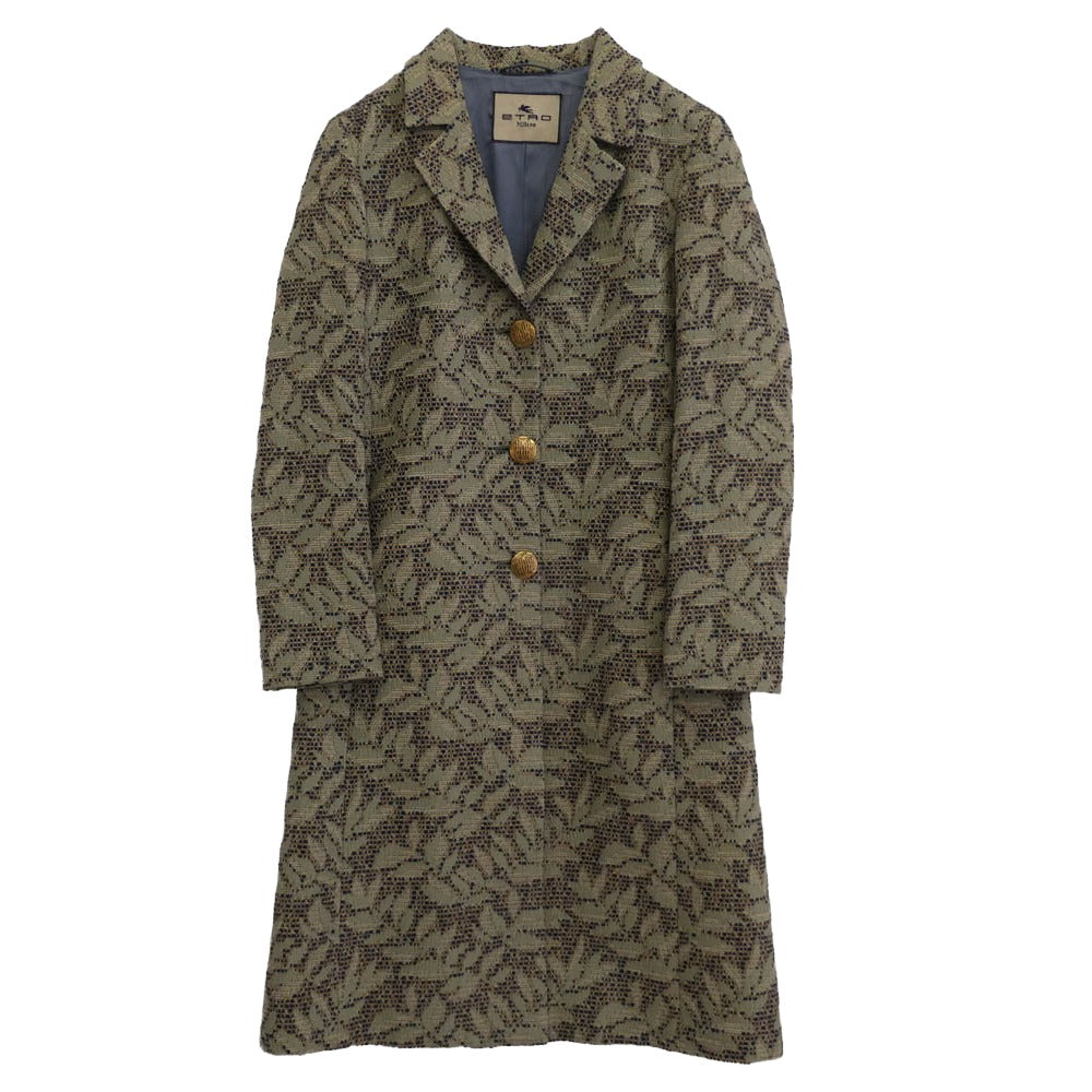 ETRO エトロ イタリア製 シルク混 金釦 リーフ総柄 ロングコート