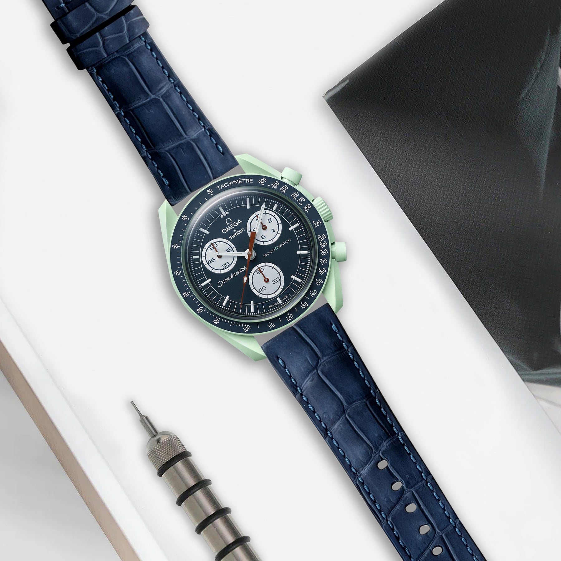 Omega MoonSwatch X Swatch Straps - Croco Nubuck Navy Blue – Liger