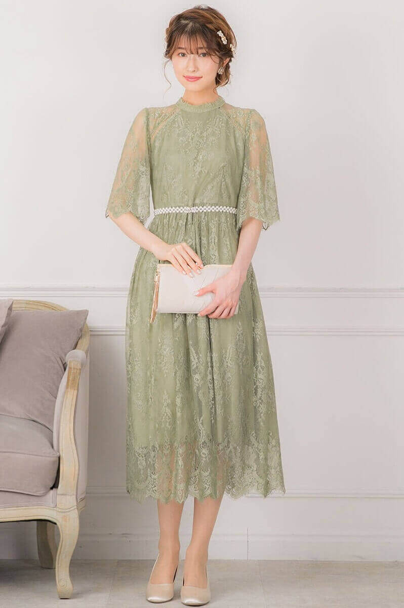 ライトカーキのハイネック5分袖総レースドレス | Dorrydoll | M | 結婚