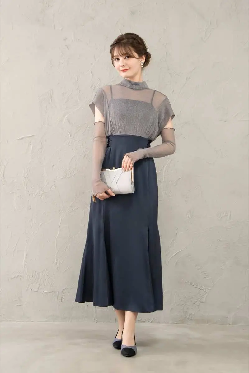 チャコールのアームカバー付きチュール×サテンドレス | Dorry doll | M