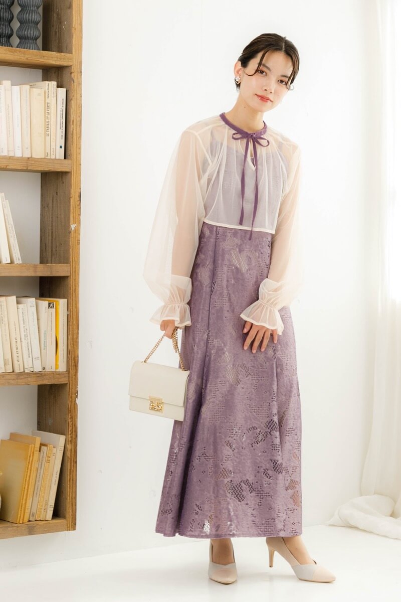 ダークラベンダーのチュールブラウス付きドレス | Dorry doll | M