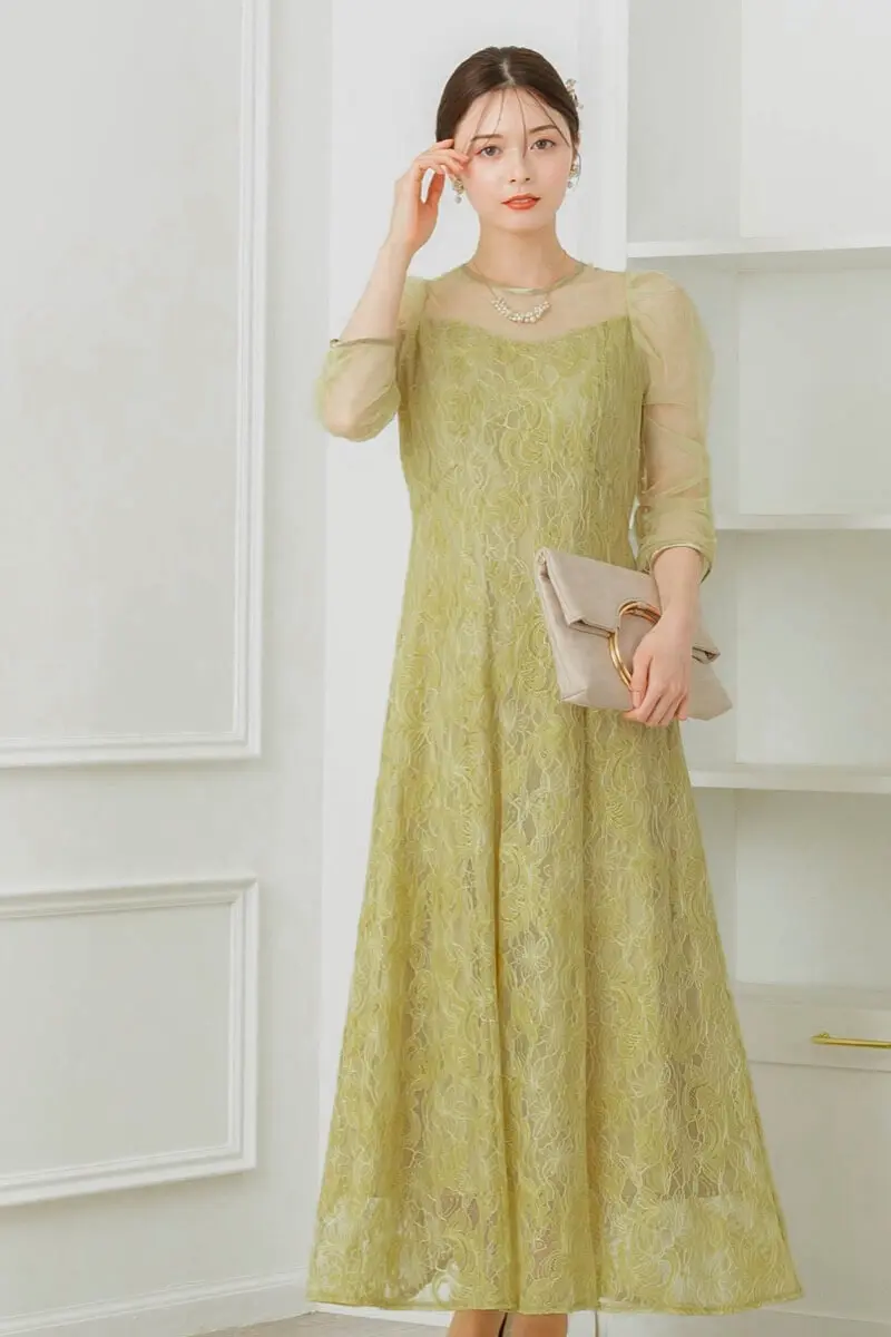 イエローのギャザースリーブレースドレス | Dorry doll | M | 結婚式