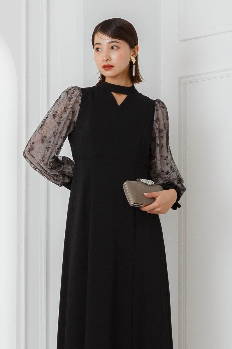 ブラックのエンブロイダリースリーブドレス | ANDRESD | M | 結婚式