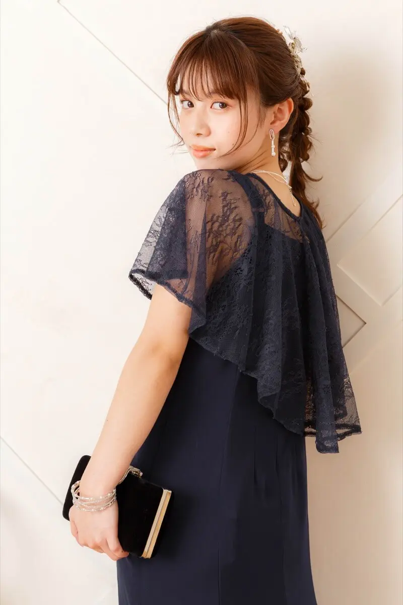 ネイビーのレースケープ付きドレス | Dorry doll | M | 結婚式