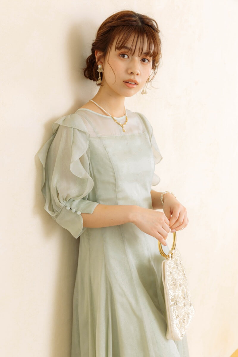 グリーンのフリルスリーブドレス | Dorry doll | M | 結婚式パーティー