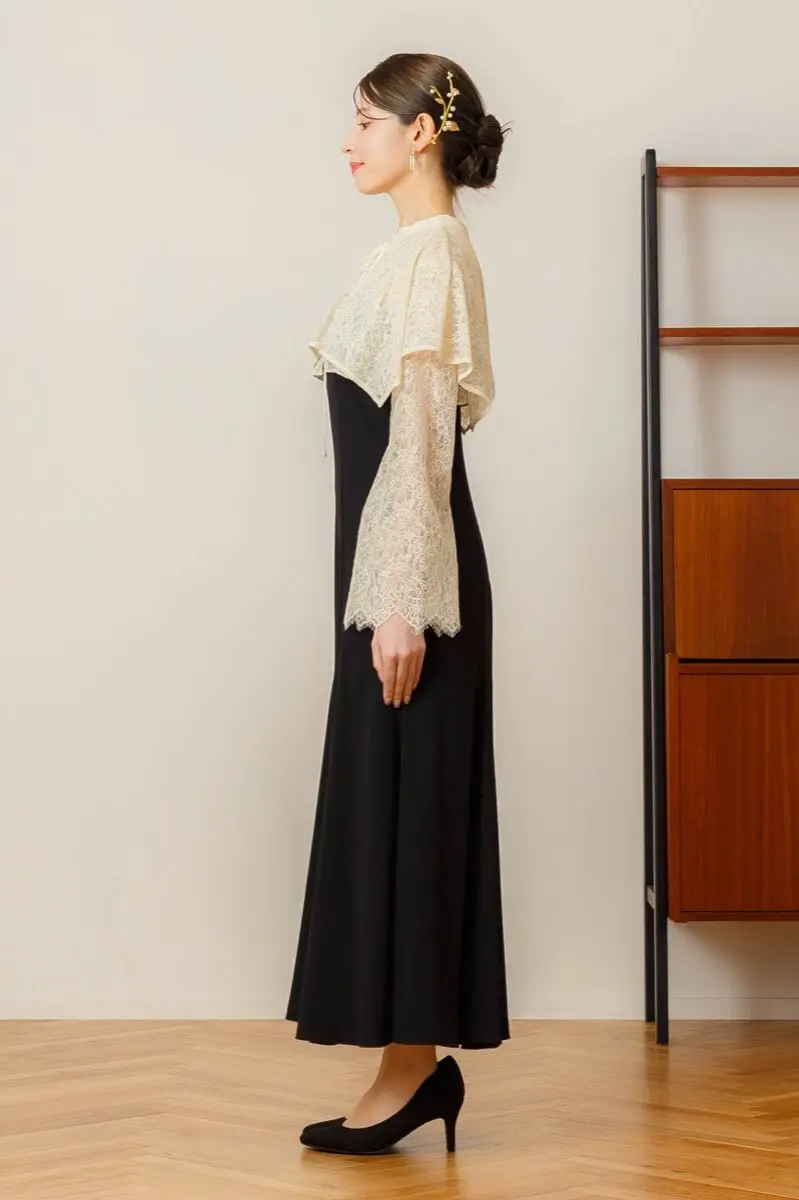 ベージュ×ブラックのレイヤードケープドレス | ANDRESD | M | 結婚式