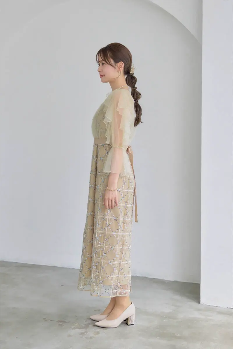 ベージュのボレロ付きチェックレースドレス | Dorry doll | M | 結婚式