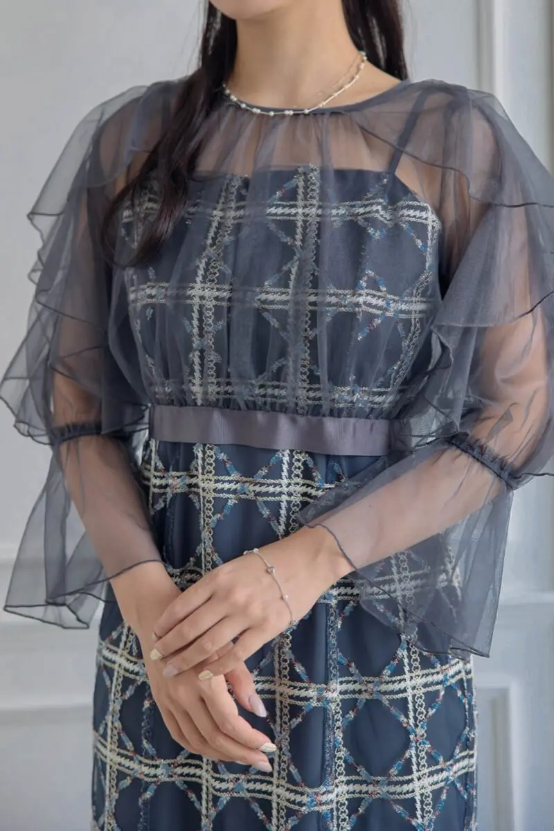 ネイビーのボレロ付きチェックレースドレス | Dorry doll | M | 結婚式