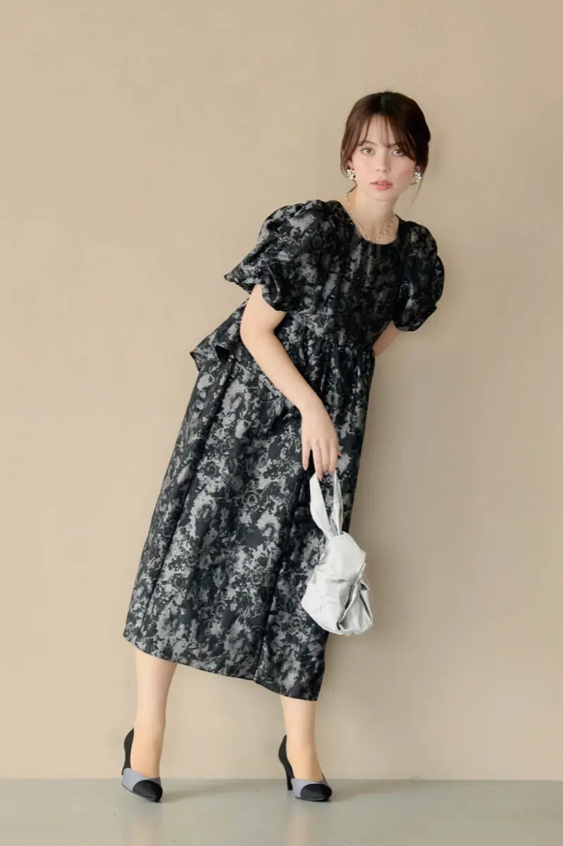 グレーのバブルスリーブジャガードドレス | ANDRESD | L～マタニティ