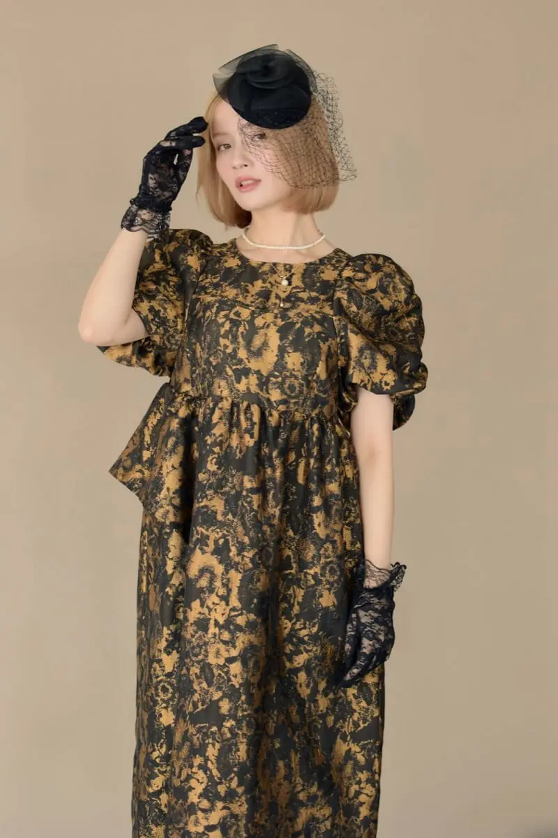 ブロンズのバブルスリーブジャガードドレス | ANDRESD | M～マタニティ