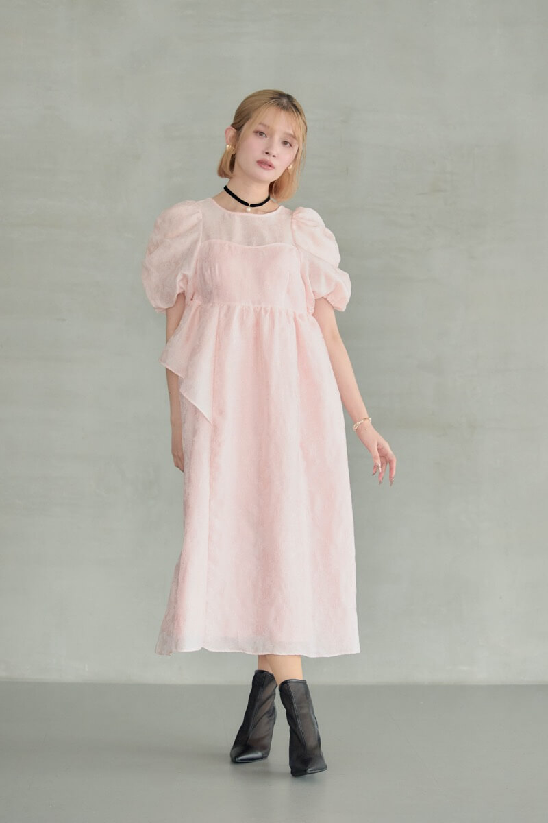 ピンクのバブルスリーブジャガードドレス | ANDRESD | M～マタニティ