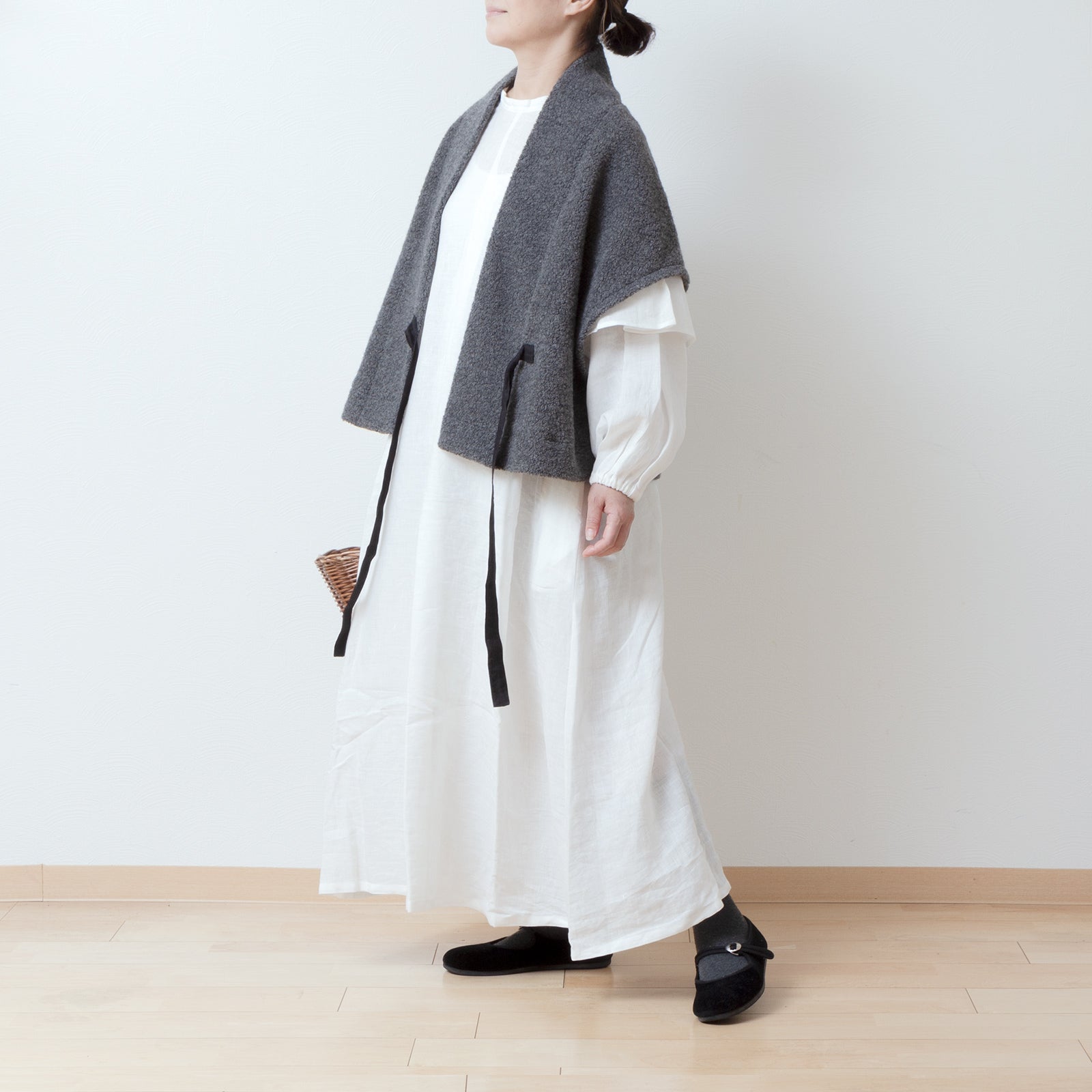 上質ウールボアショールベストリボンテープ付き/トップグレー – liplne