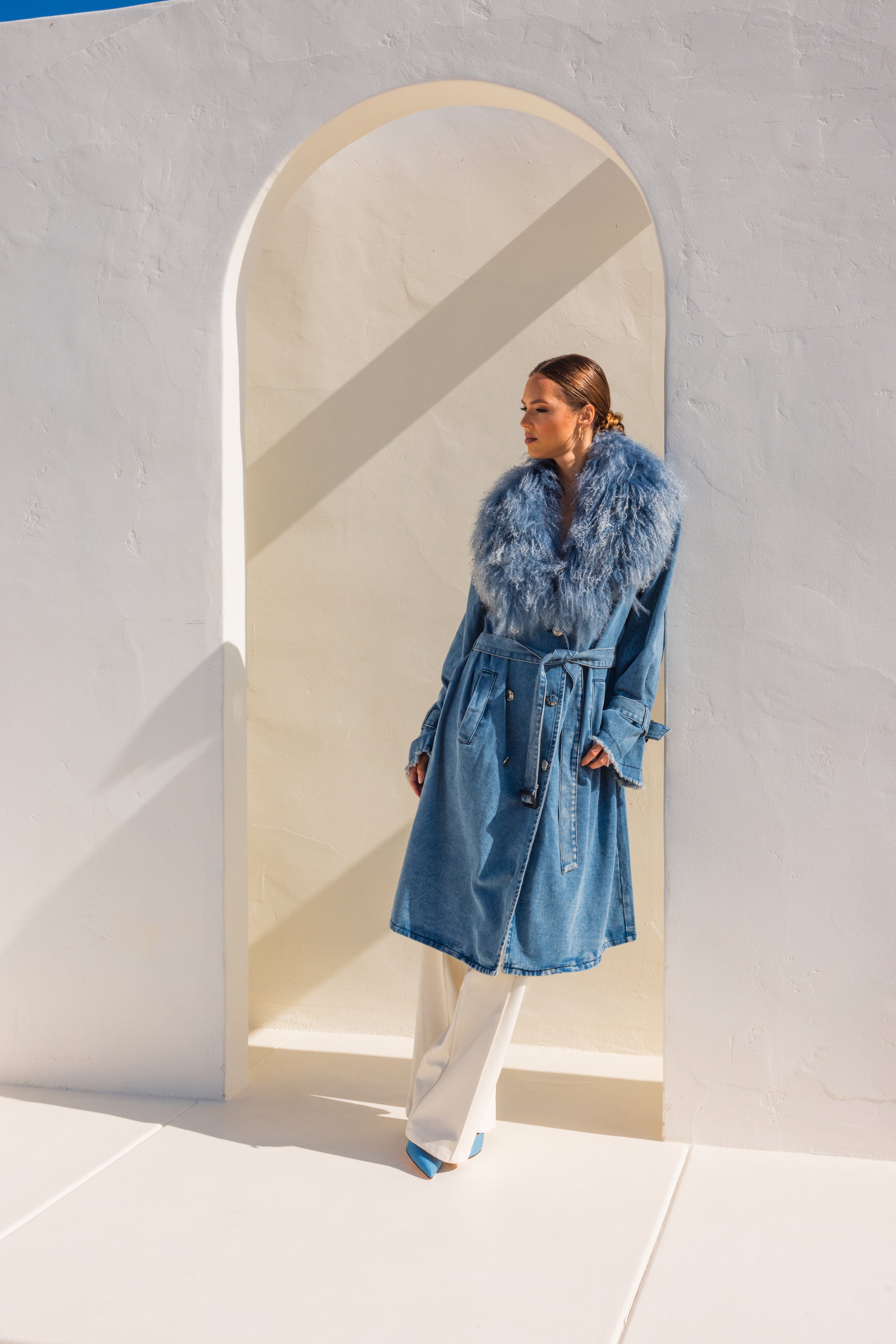 Apocalypse Denim and Mongolian Wool Coat in Blue - Lisa Maree
