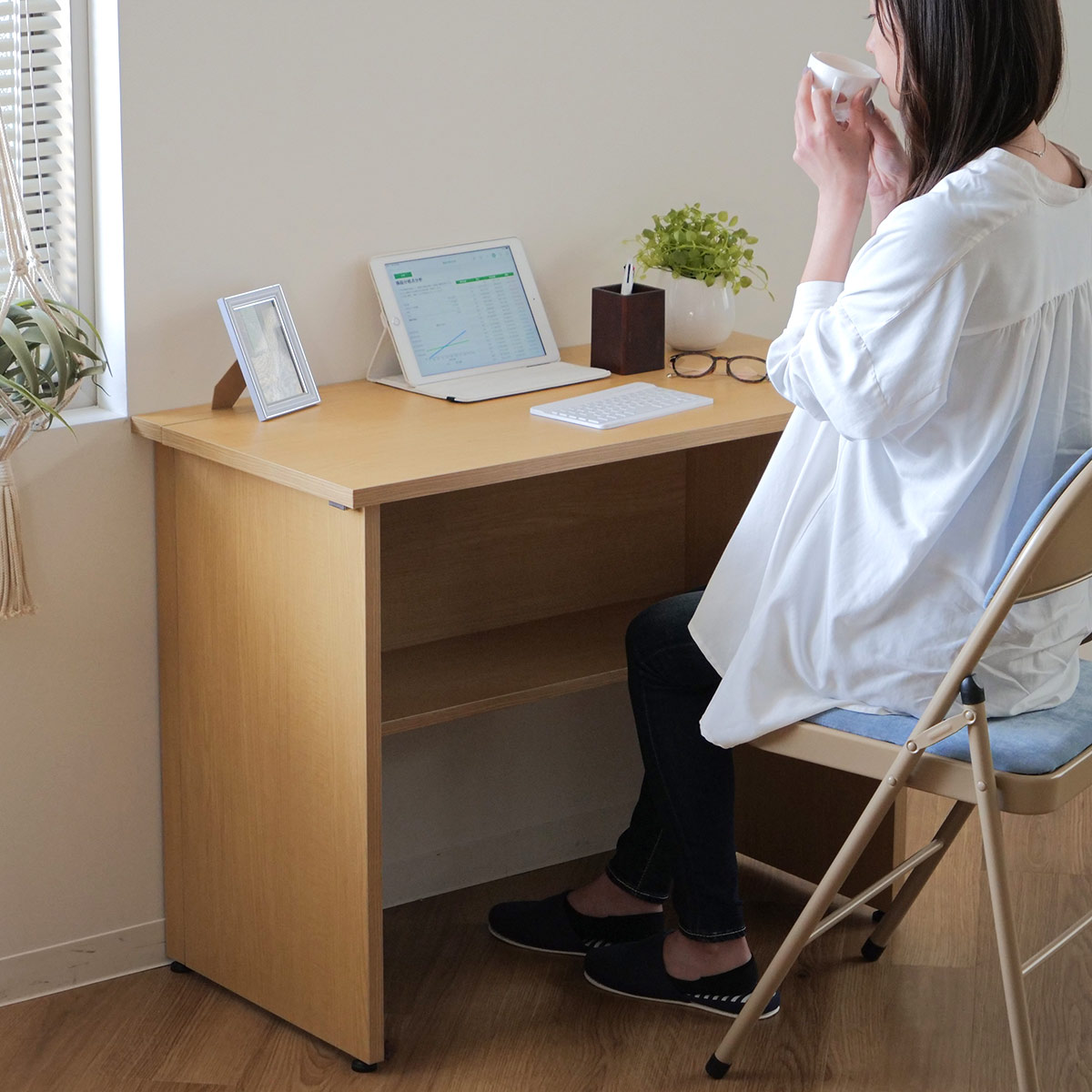 折りたたみデスク 幅90cm 工具不要 木目調 （ ワンタッチ 組立 デスク