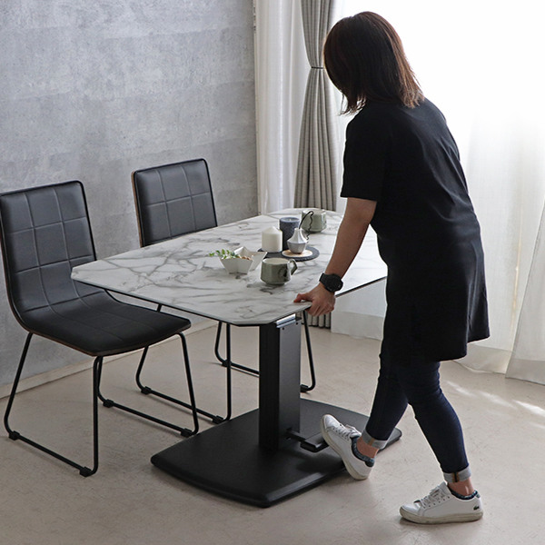 テーブル 高さ調整 ペダル式 幅120cm マーブル 大理石風 昇降式