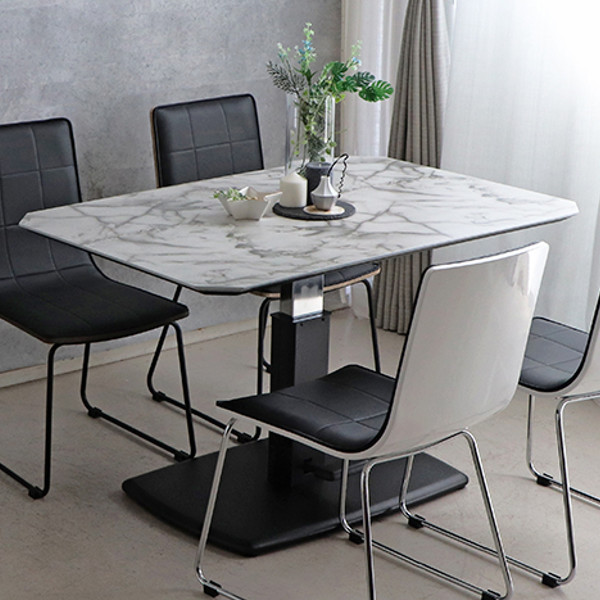 テーブル 高さ調整 ペダル式 幅120cm マーブル 大理石風 昇降式