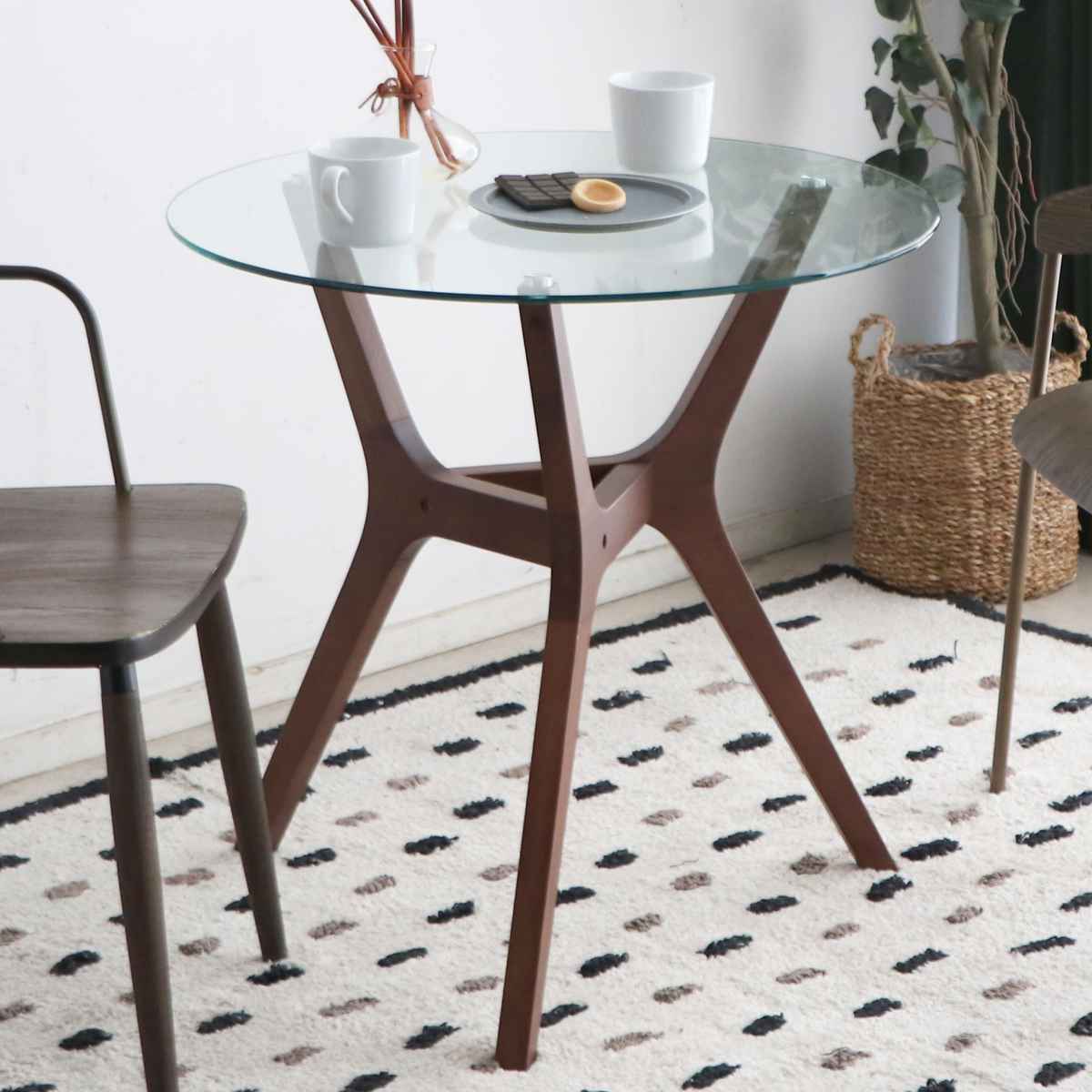 カフェテーブル 一人暮らし 丸 天然木 ガラス天板 （ コーヒーテーブル