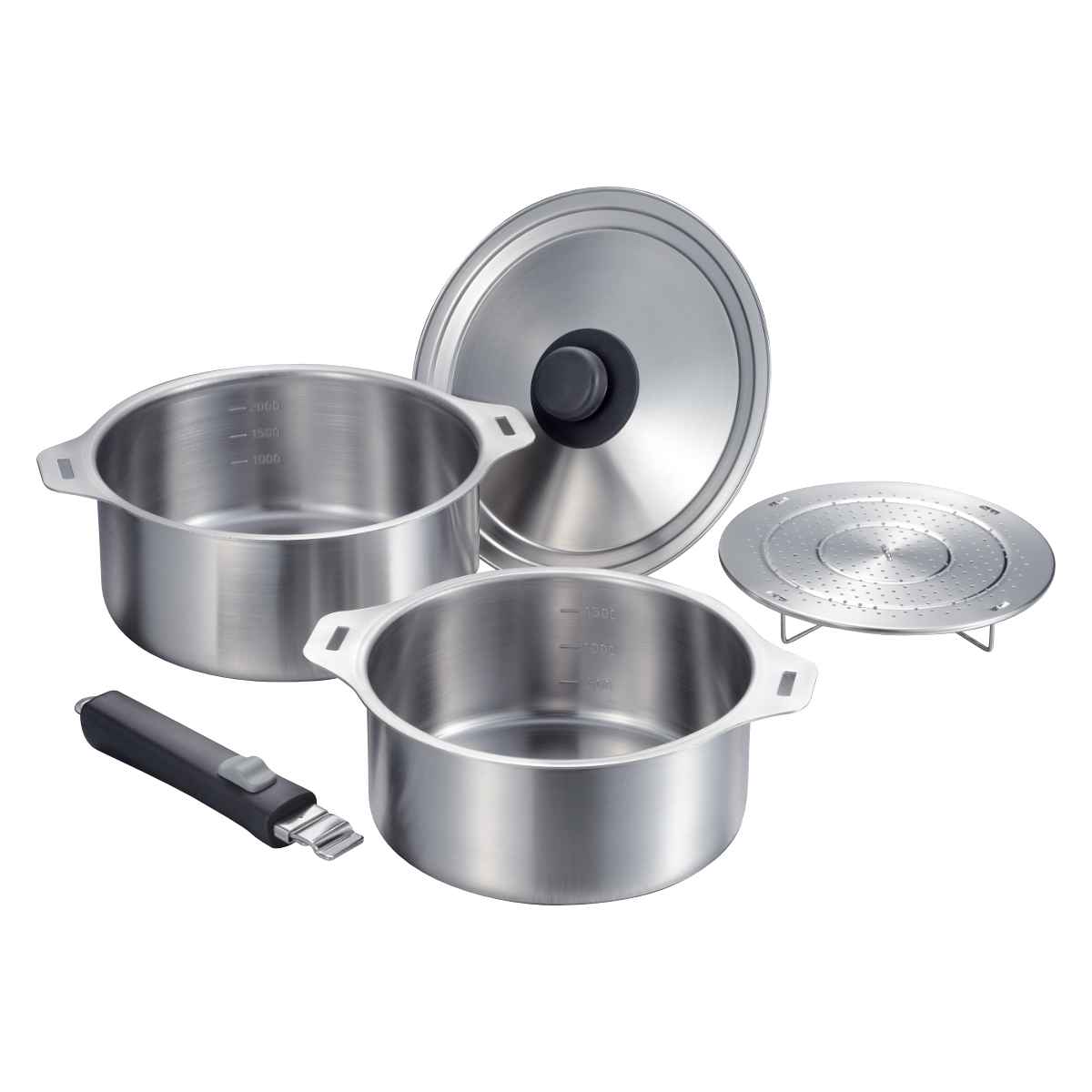 鍋5点セット IH対応 蓋付き 着脱式ハンドル付き 蒸し台付き 燕三 日本