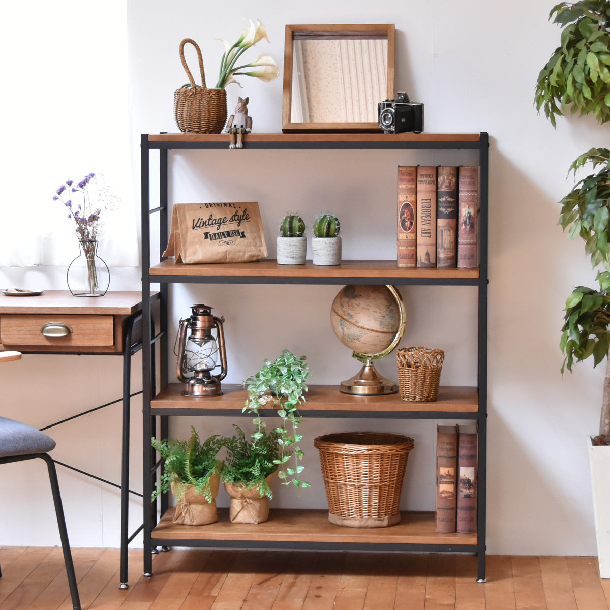 dショッピング |オープンラック 4段 ヴィンテージ調 天然木棚板 幅90cm