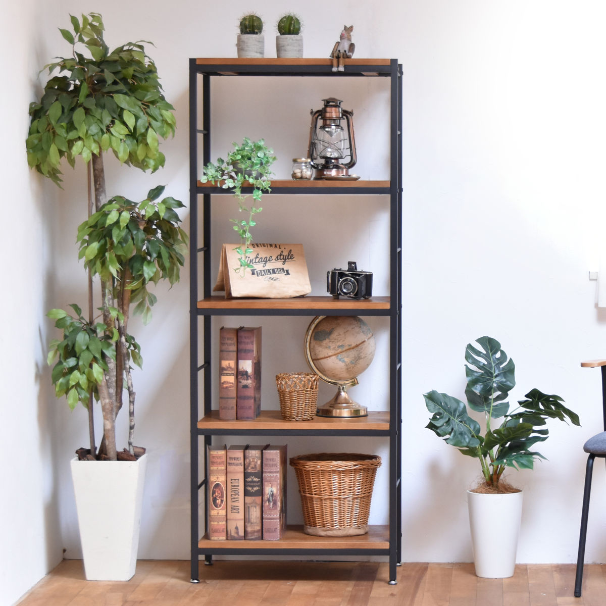 オープンラック 5段 ヴィンテージ調 天然木棚板 幅60cm （ ラック