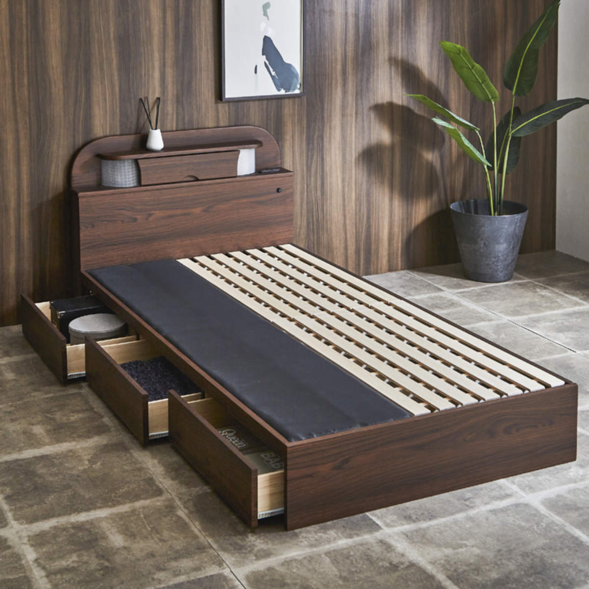 dショッピング |宮付きベッド シングル 引出し3杯 照明 コンセント付き