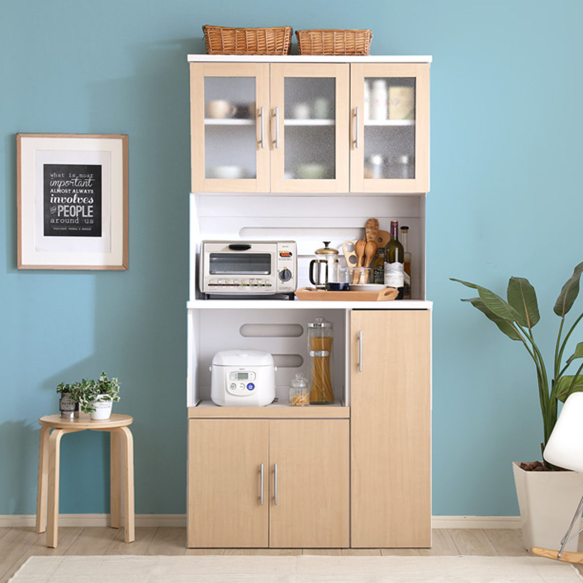 食器棚 幅90cm ハイタイプ 北欧風 ミストガラス上扉 （ キッチン収納