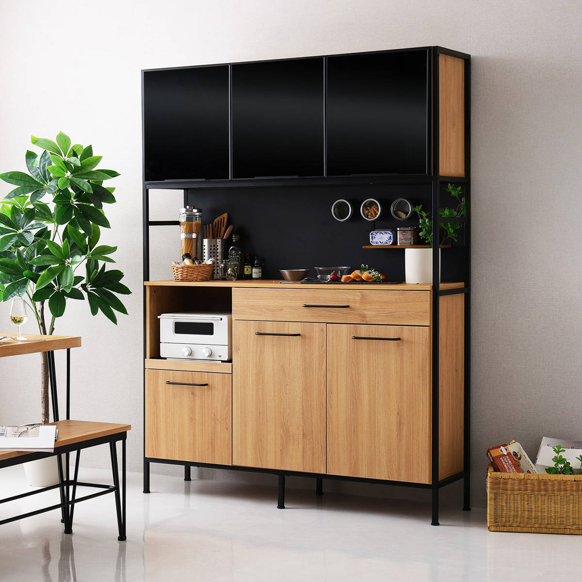 dショッピング |食器棚 幅136cm 2口コンセント付き マグネット収納