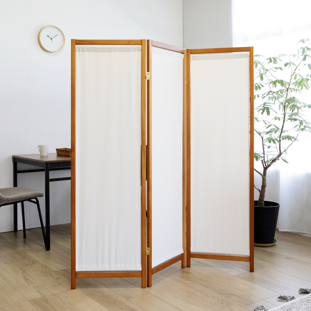 衝立 3連 高さ150cm 帆布 和風 天然木 完成品 （ パーテーション
