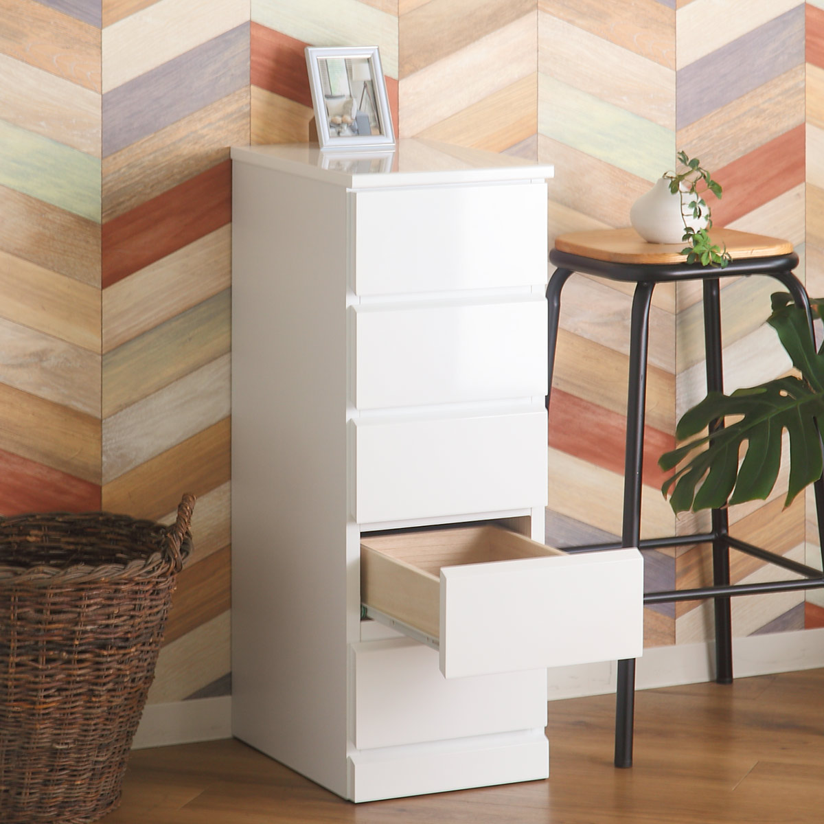 スリムチェスト 5段 鏡面仕上げ 幅30cm （ 収納 チェスト スリム 完成