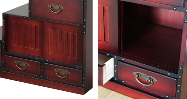 チェスト 民芸調 階段風 左下がり 古美調引手 引き戸付 幅67cm （ 箪笥