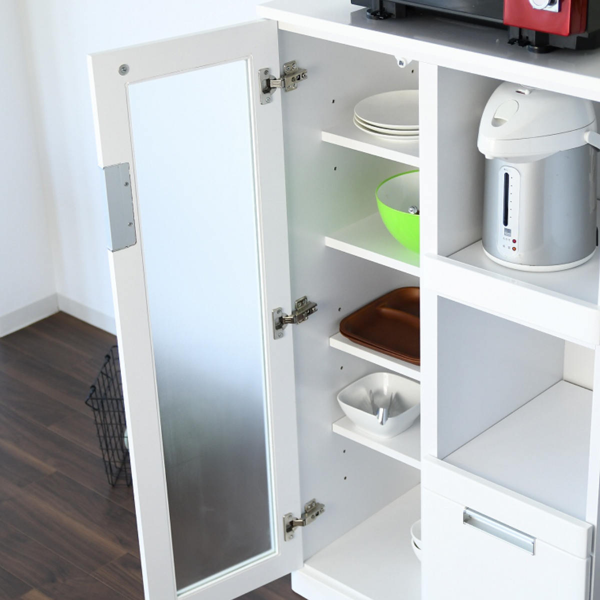 レンジ台 ガラス扉 スライド2段 グロスホワイト 完成品 幅70cm