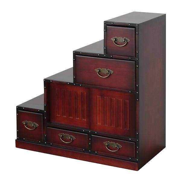 チェスト 民芸調 階段風 左下がり 古美調引手 引き戸付 幅67cm （ 箪笥