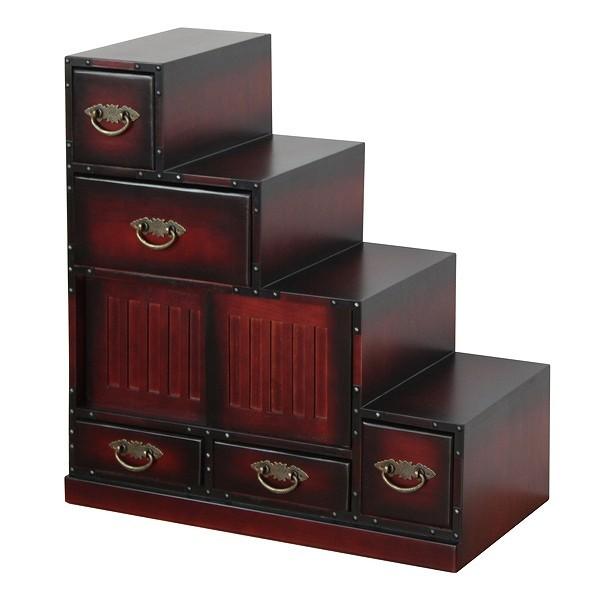 チェスト 民芸調 階段風 右下がり 古美調引手 引き戸付 幅67cm （ 箪笥