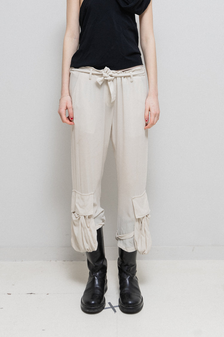ANN DEMEULEMEESTER - SS04 Cream silk cropped pants with parachute