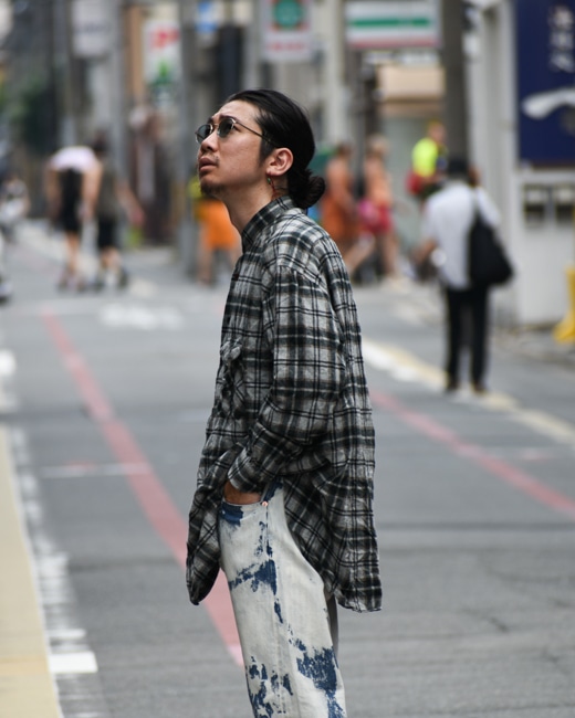 The crooked Tailor French stand collar work shirts [green/gray]