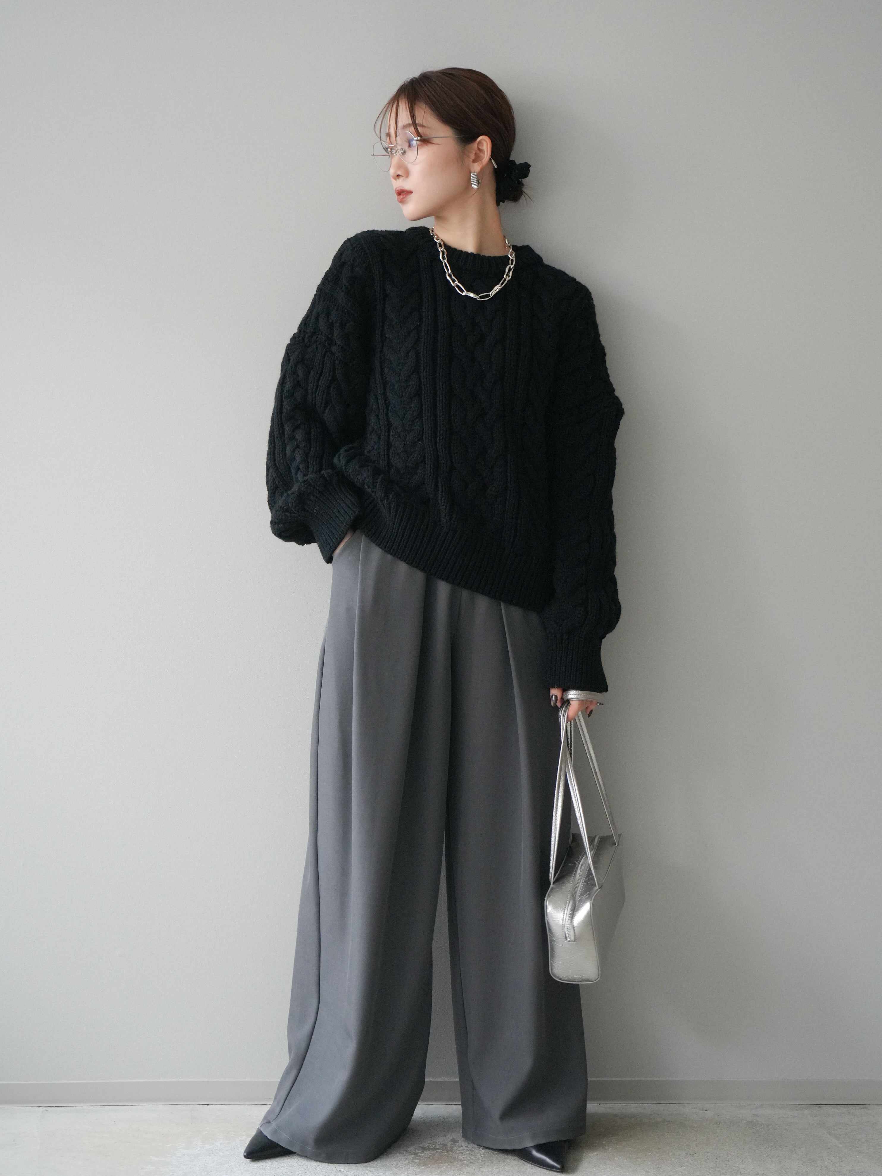 SET]ボリュームケーブルニットプルオーバー+ベルトループデザイン