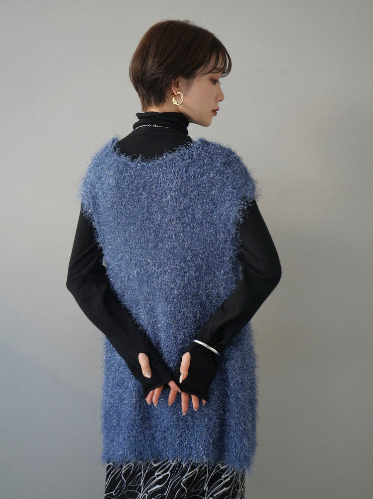 予約]ソフトラメシャギーVネックニットベスト/ブルー – Lumier