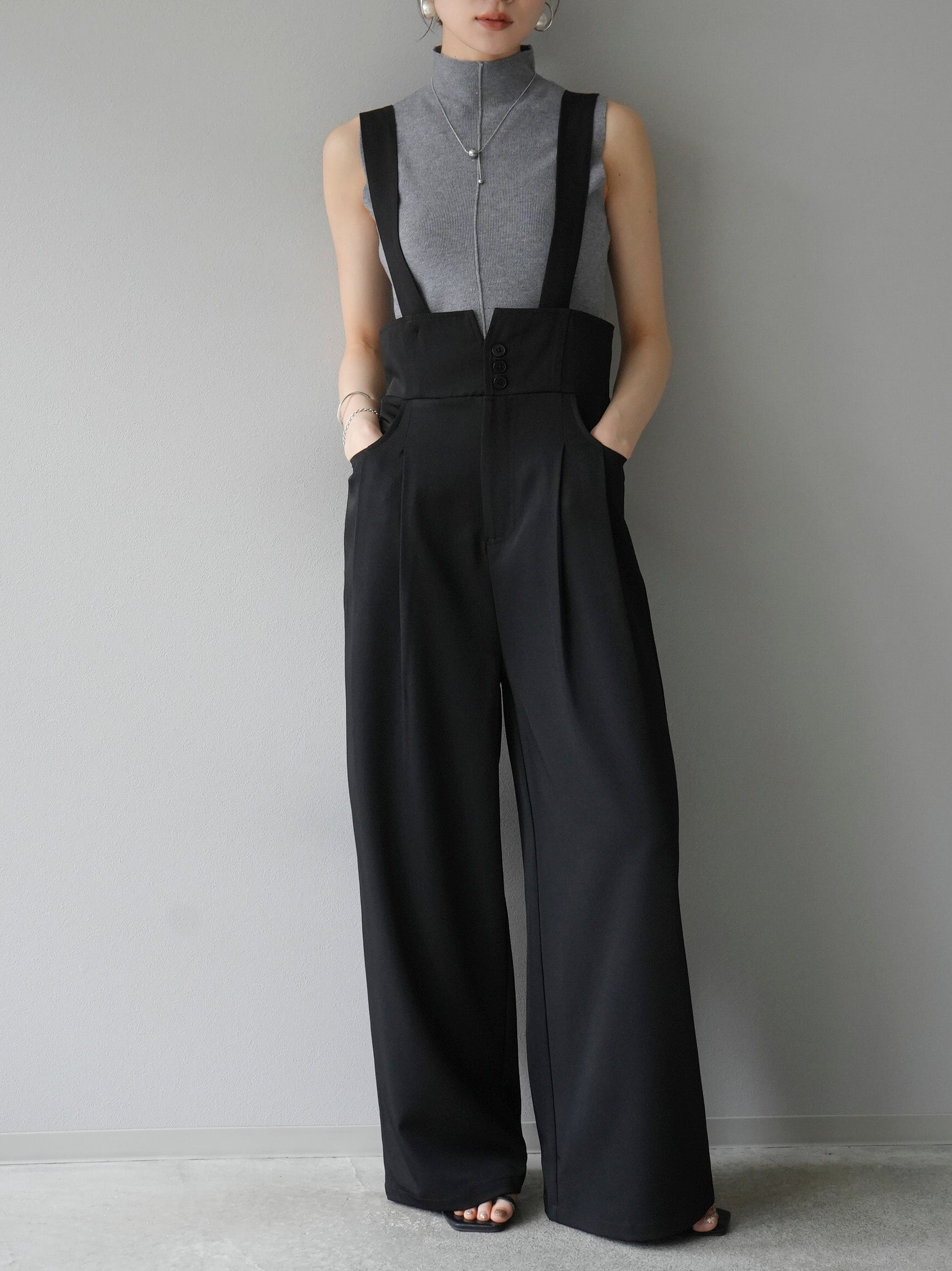 予約]ハイウエストサスペンダーワイドパンツ/ブラック – Lumier