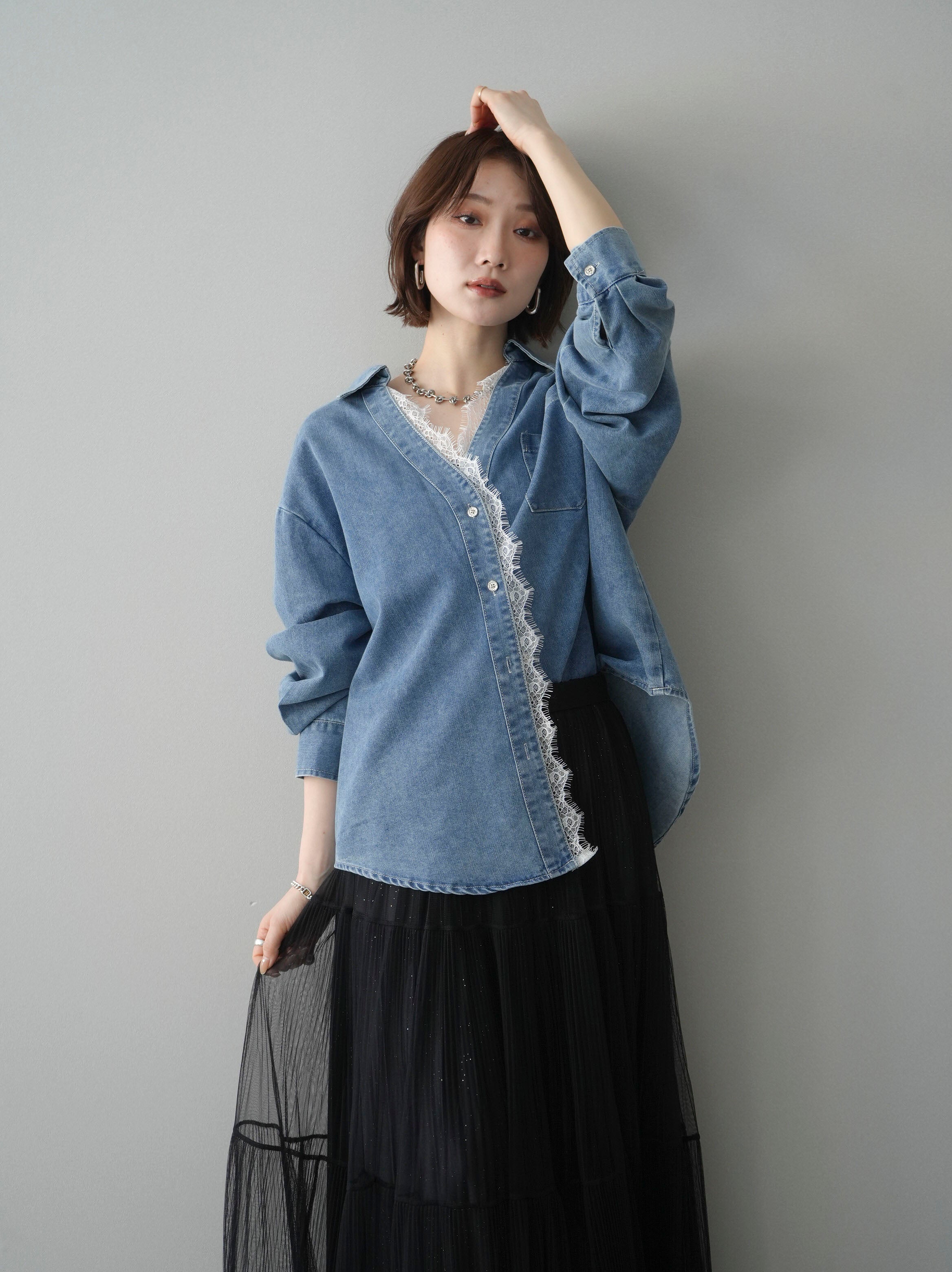 SET]レースレイヤードデニム開襟シャツ+選べるアクセセット(2set) – Lumier