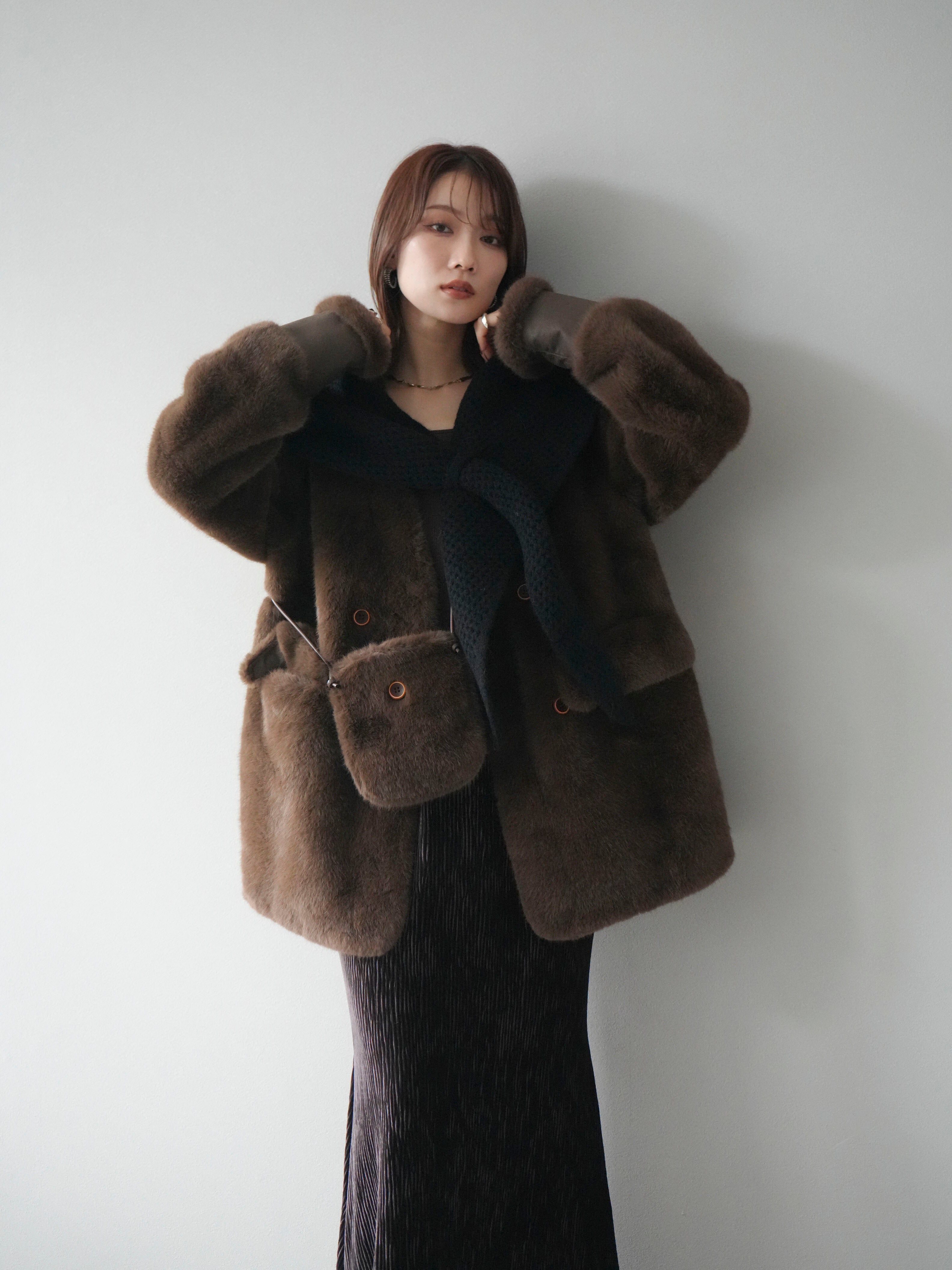 SET]バッグ付エコファーノーカラーコート+選べるアクセセット(2set